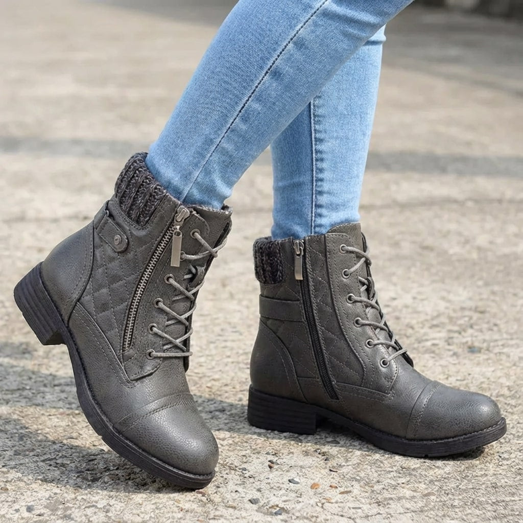 Women's Quilted Lace-Up Ankle Boots with Side Zip and Block Heel