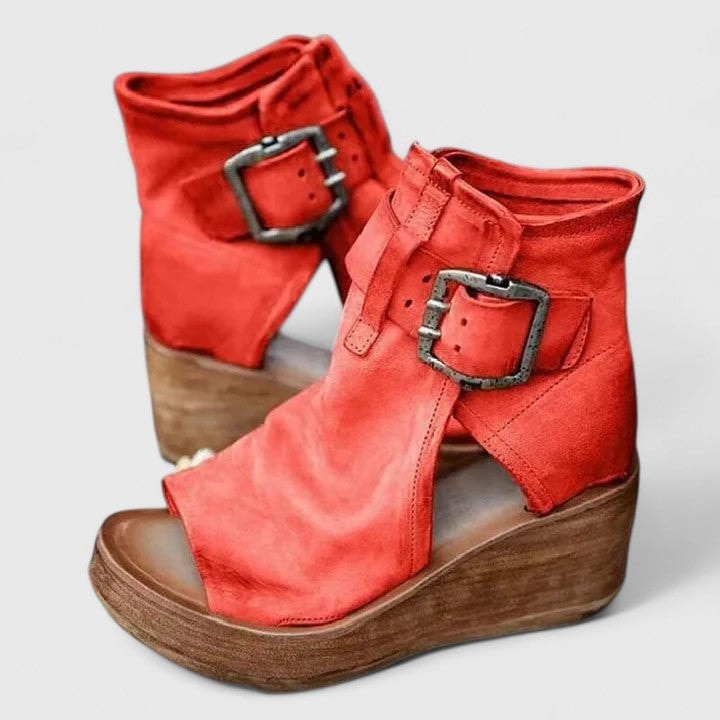 Greta Wedge Peep Toe Brown Boots with Buckle Detail