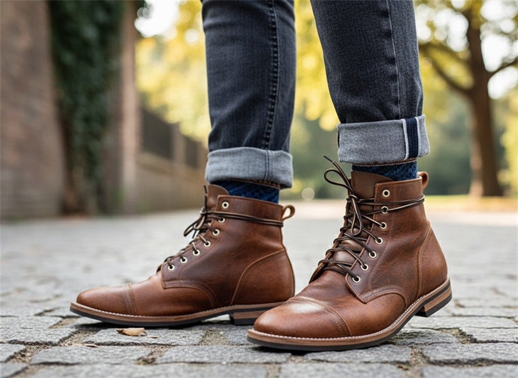 Men's Brown Lace-Up Cap Toe Ankle Boots with Stacked Heel