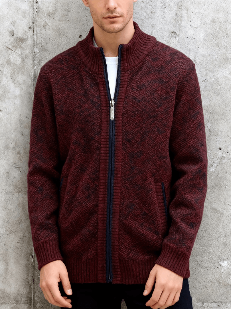 Men's Marled Knit Cardigan with Full-Length Zip and Ribbed Stand-Up Collar
