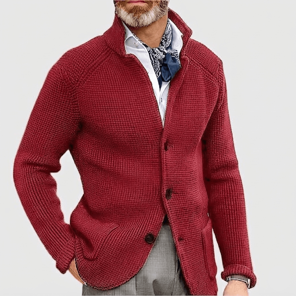 Waffle-Knit Button-Front Mens Sweaters Cardigan with Stand Collar