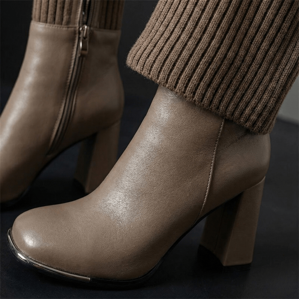 Stretch Knit Block Heel Boots with Side Zipper for Women