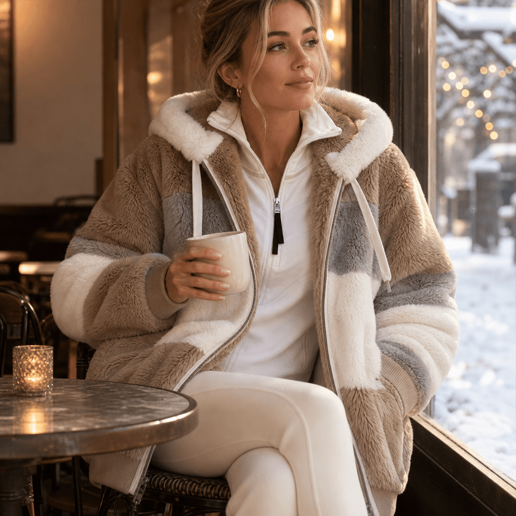 Furvella Women's Color-Block Oversized Faux Fur Hooded Winter Coat