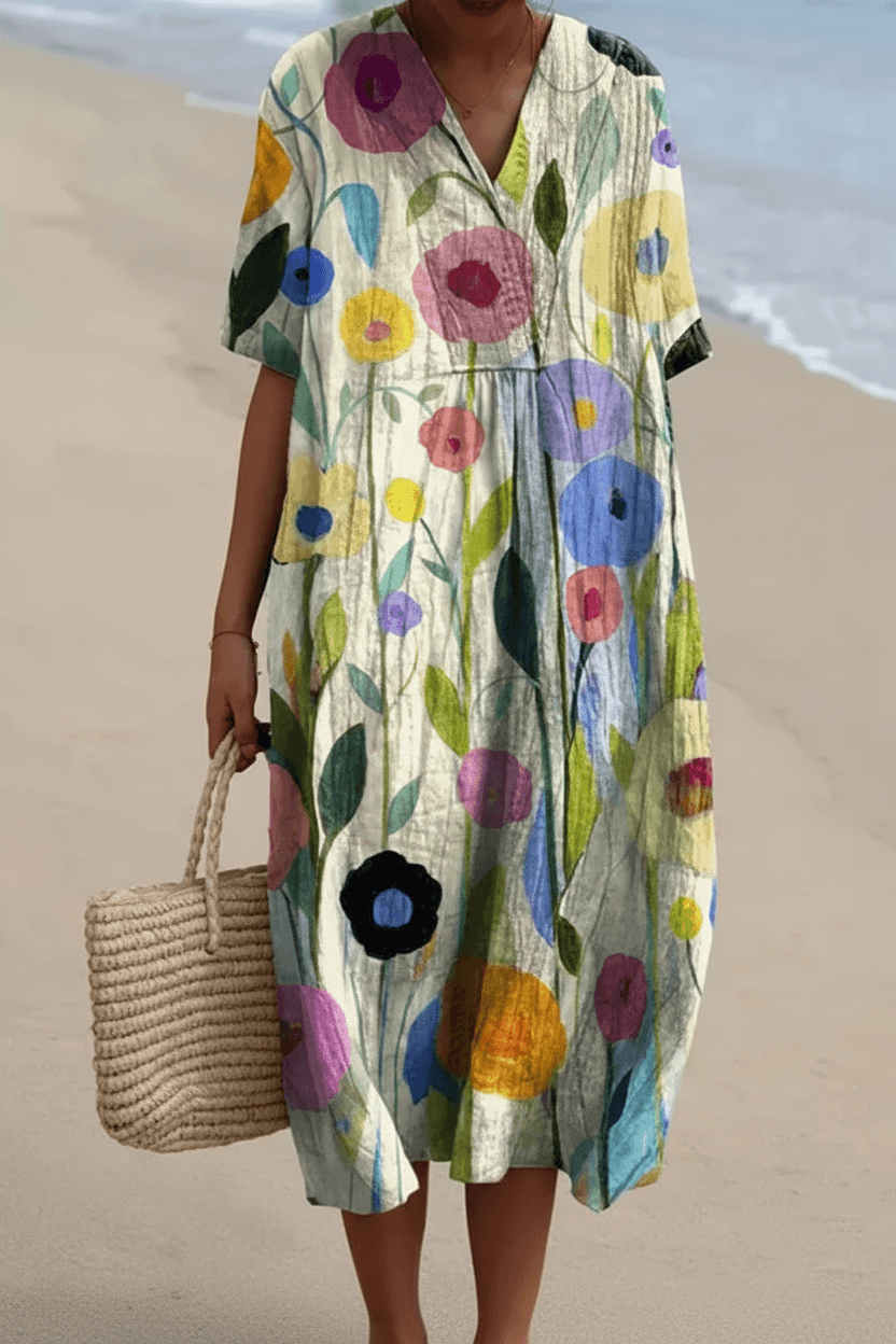 Floral Print V Neck Midi Dress for Beach Vacation and Fall Dresses for Women Occasions