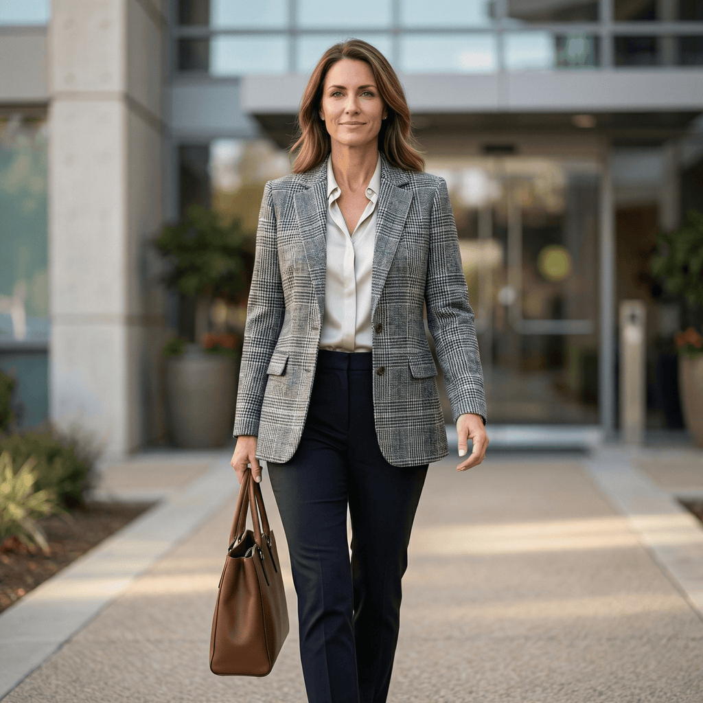 Women's Relaxed Glen Plaid Tailored Blazer with Flap Pockets
