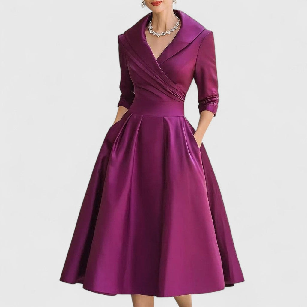 Women's V-Neck Wrap Midi Dress with Shawl Collar and Three-Quarter Sleeves