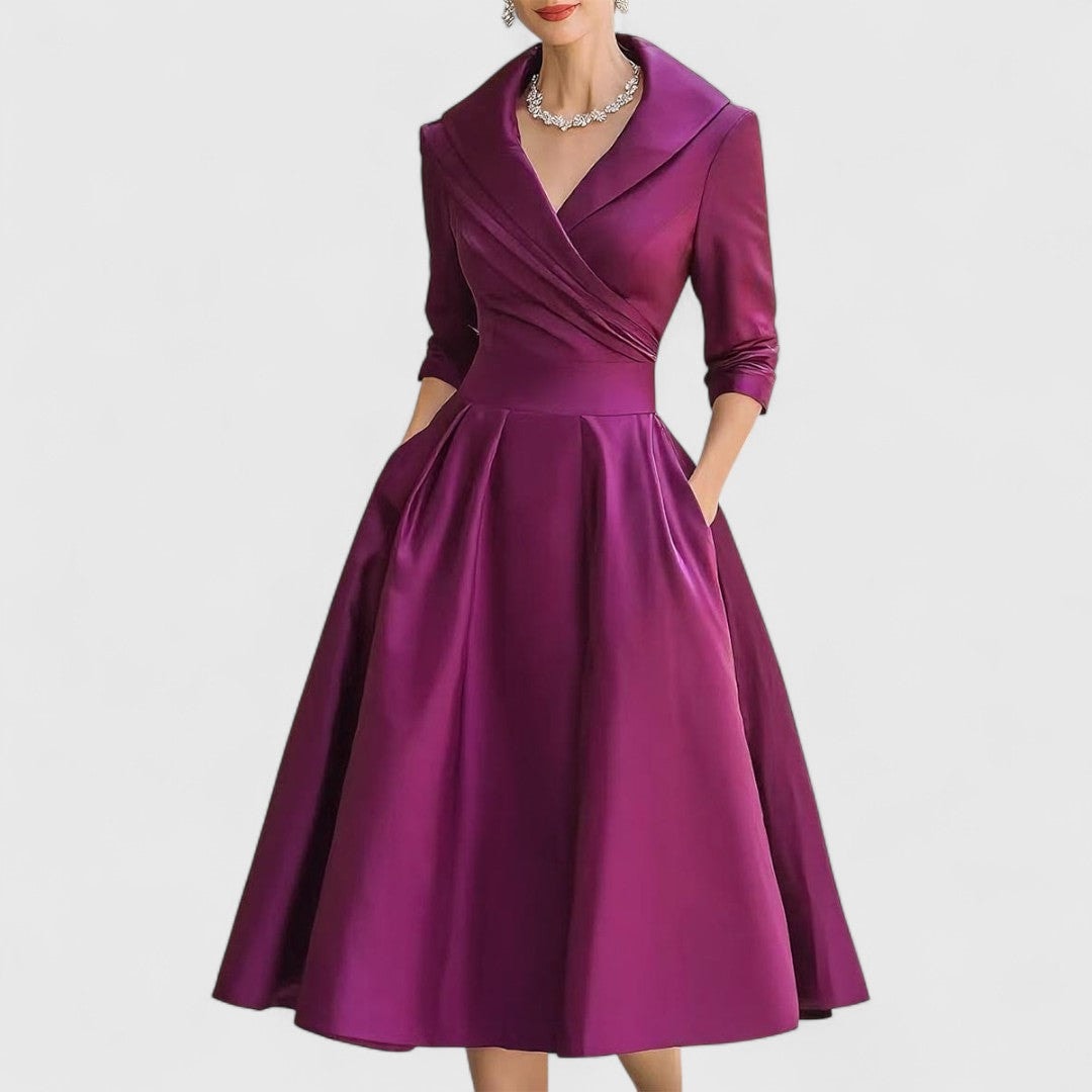 Women's V-Neck Wrap Midi Dress with Shawl Collar and Three-Quarter Sleeves