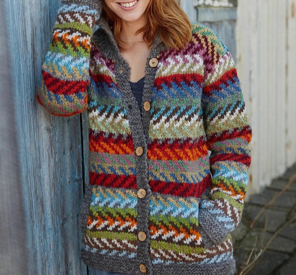 Women's Relaxed Fair Isle Knit Cardigan with Pockets and Chunky Wooden Buttons