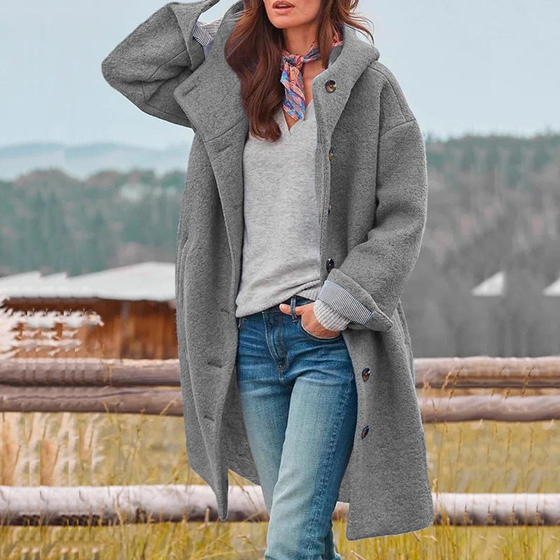 Women's Longline Wool-Blend Button-Front Winter Coat with Hood