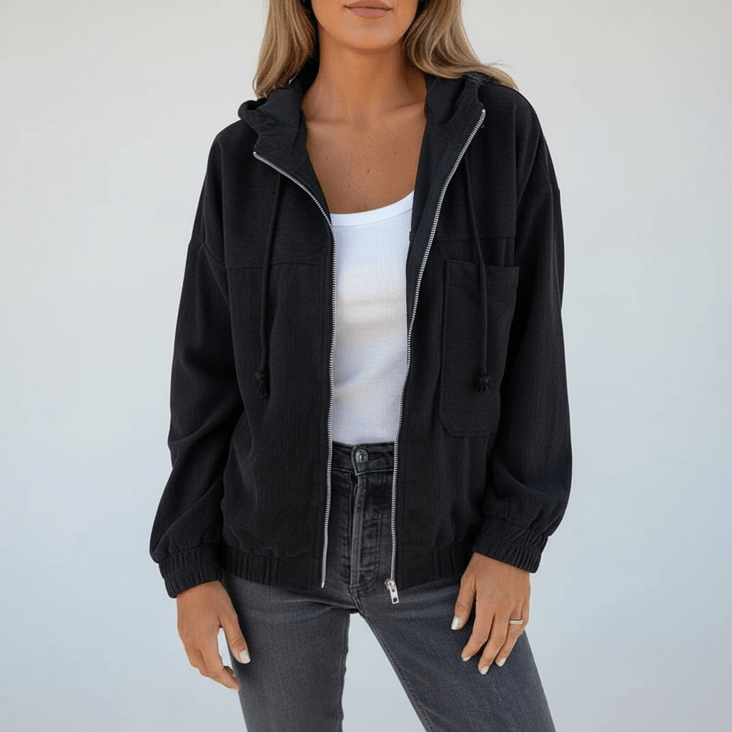 Women's Lightweight Hooded Corduroy Zip-Up Jacket with Chest Pocket and Elastic Cuffs