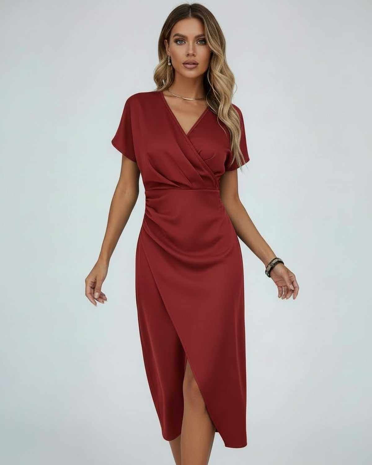 Wrap Midi Dress with Draped Waist and Split Hem for Cheap Bridesmaid Dresses