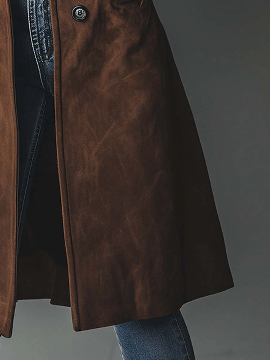 Longline Faux Suede Button-Front Trench Coat with Lapel Collar
