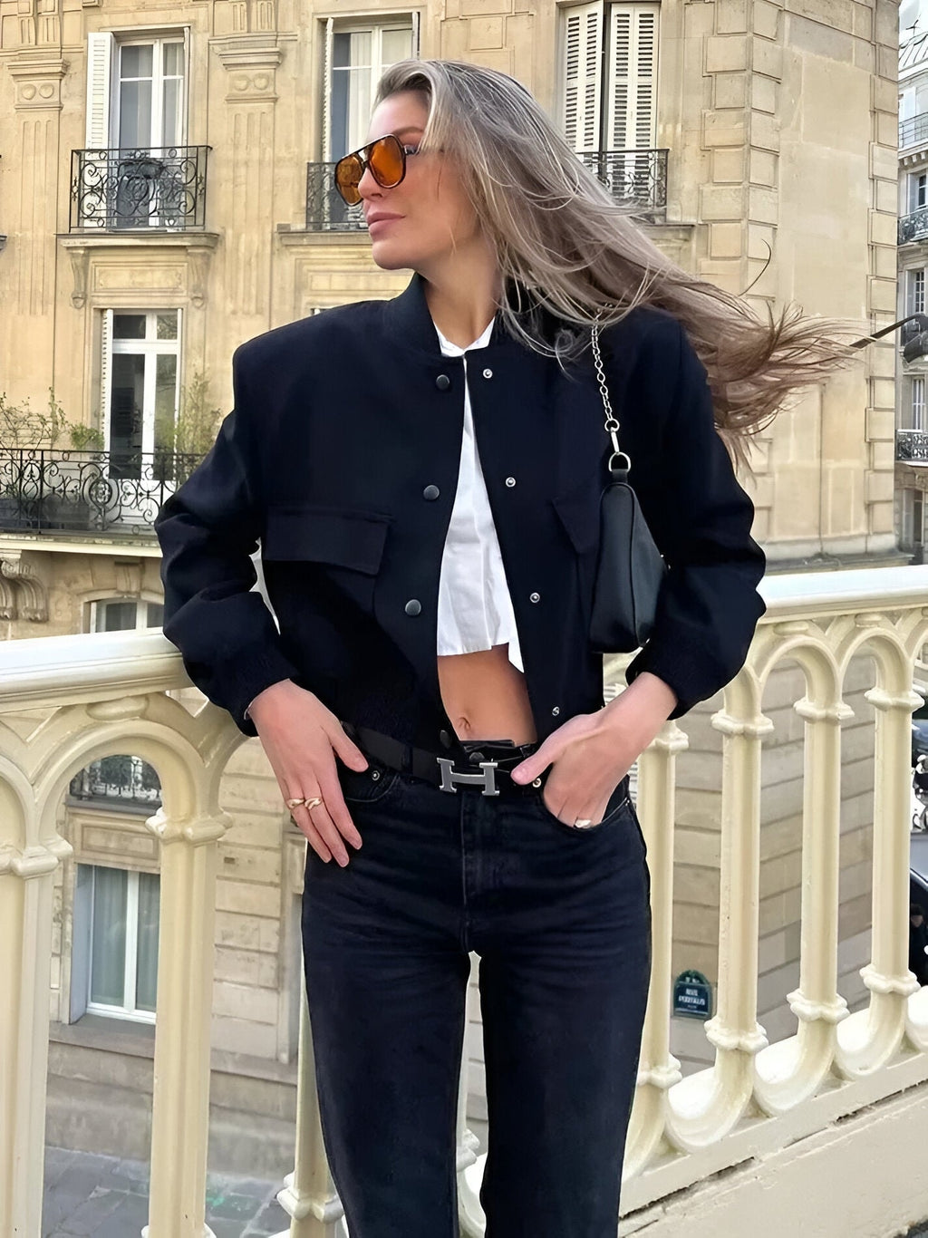 Cropped Bomber Jacket with Snap Front and Rib Knit Trim
