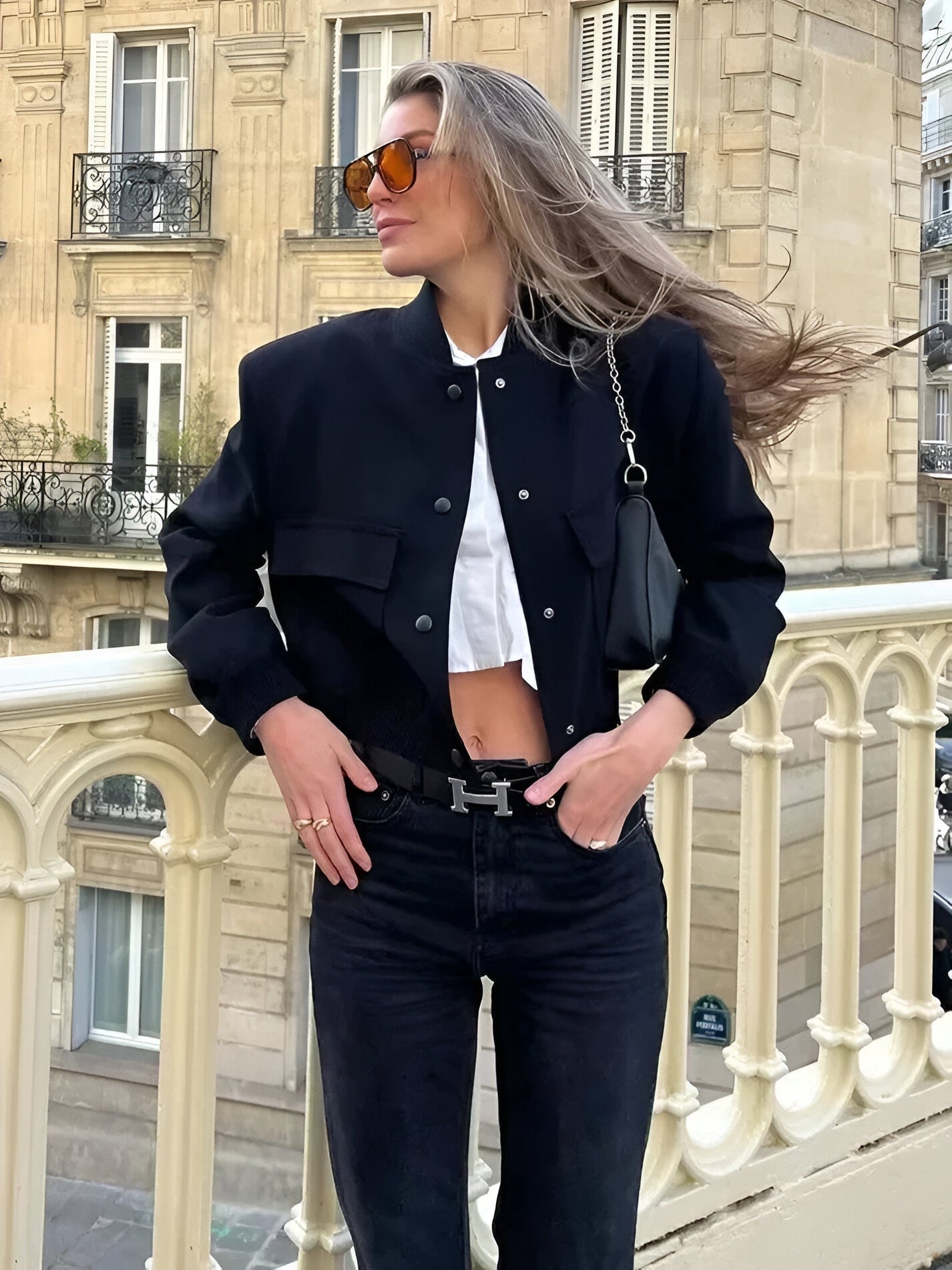 Cropped Bomber Jacket with Snap Front and Rib Knit Trim