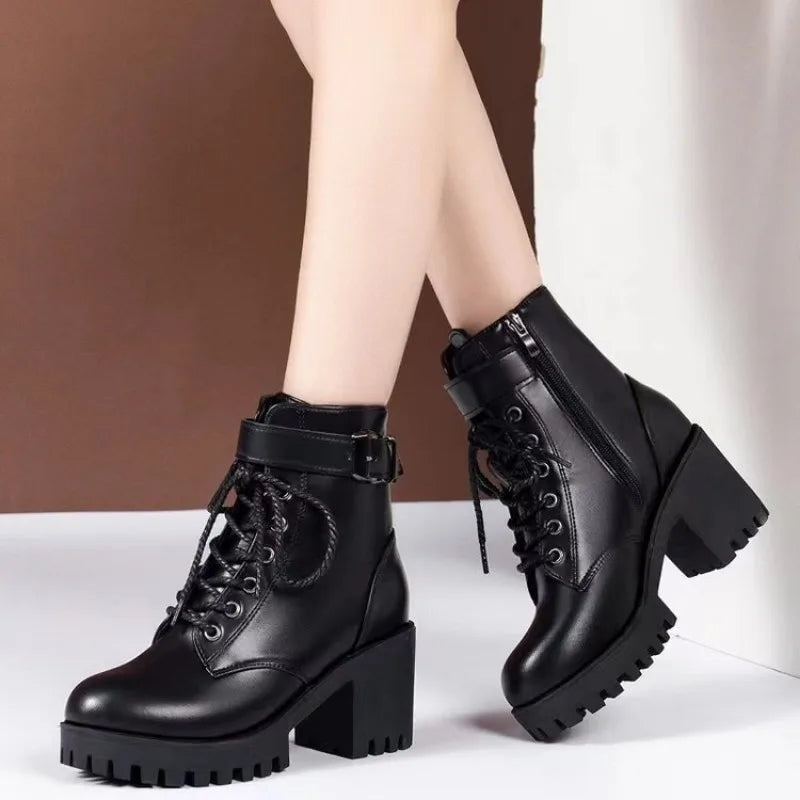 Women's Lace-Up Ankle Boots with Chunky Block Heel Platform Sole and Side Zip