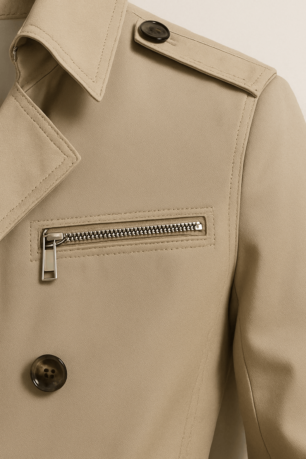 Men's Single-Breasted Mid-Length Belted Trench Coat with Epaulettes and Zip Chest Pocket