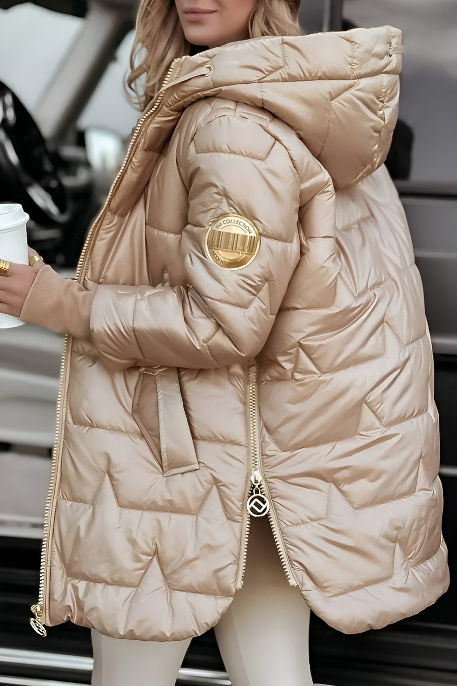 Long Hooded Puffer Jacket with Quilted Shell and Side Zip Vents