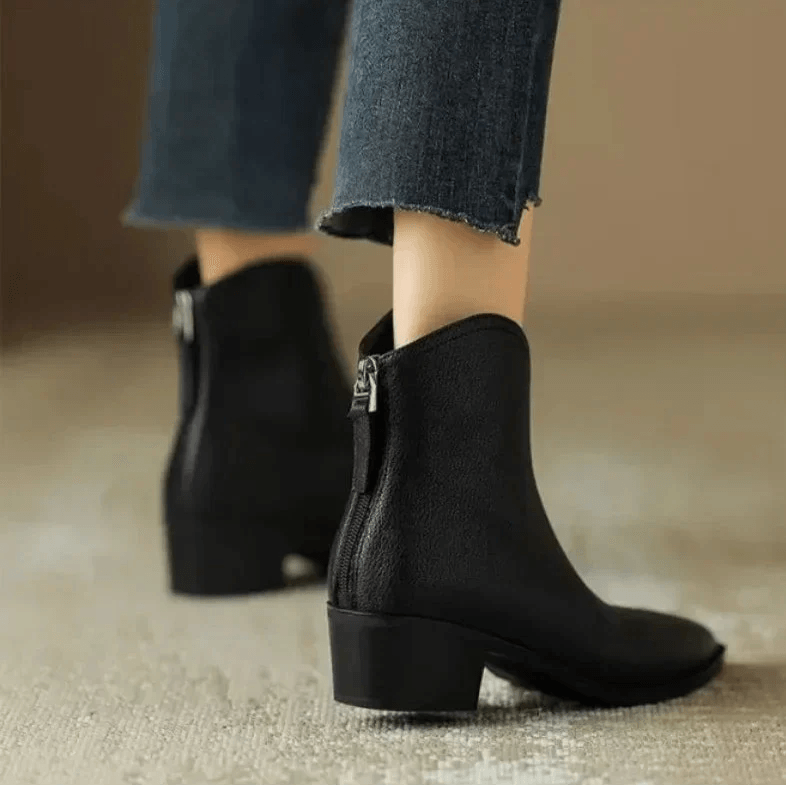 Kensley Pointed-Toe Faux Leather Women's Boots with Block Heel and Side Zip