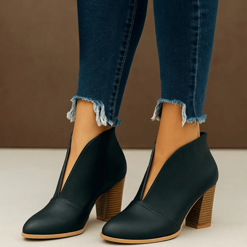 Women's Slip-On V-Cut Ankle Boots with Block Heel and Pointed Toe