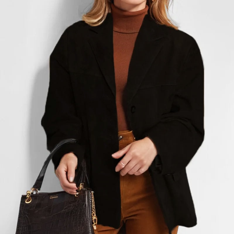 Women's Faux Suede Tailored Blazer with Notched Lapels and Flap Pockets