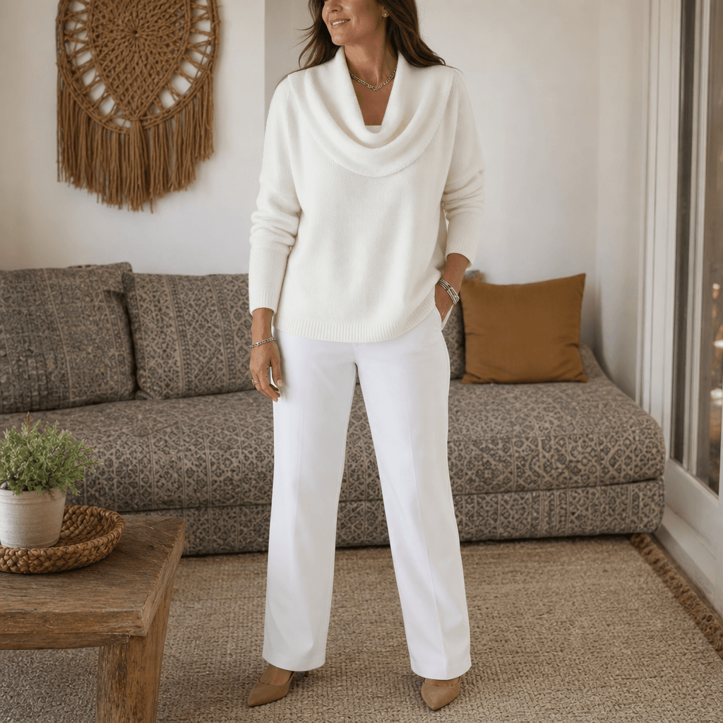 Women's Cowl Neck Drape Knitted Sweater with Long Sleeves