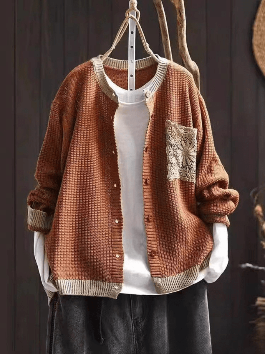 Women's Cardigan in Textured Knit with Lace Chest Pocket and Button Front