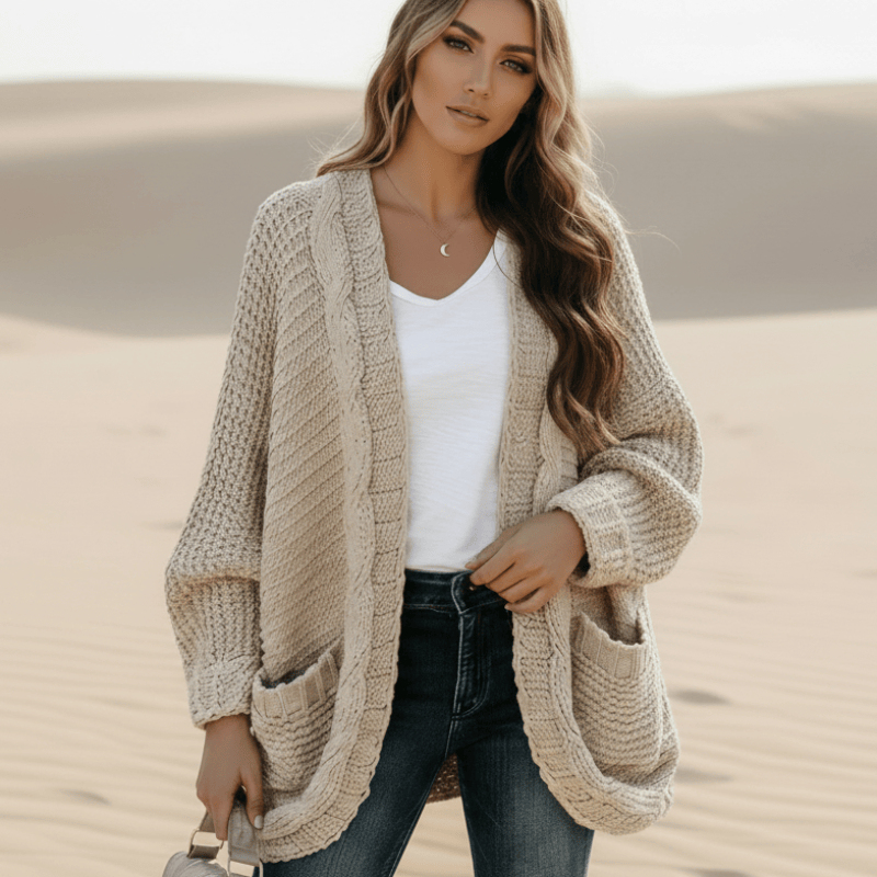 Women's Oversized Open-Front Knitted Sweater Cardigan with Pockets