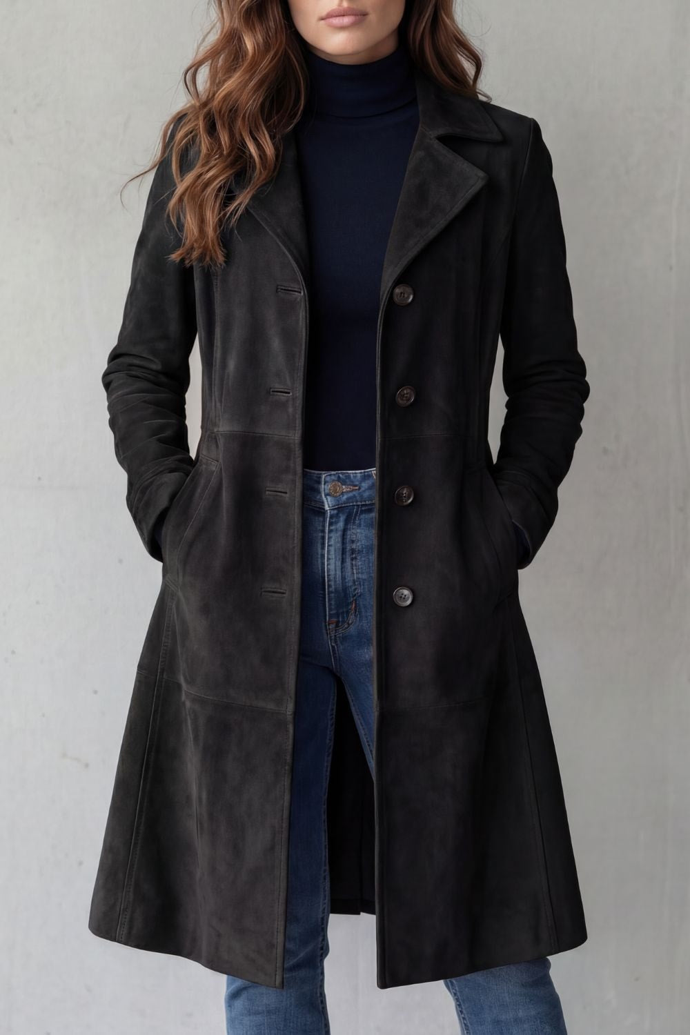 Women's Vintage Longline Winter Coat with Suede-Style Finish and Tailored Waist