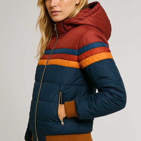 Hooded Quilted Puffer Jacket with Striped Chest Bands in Polyester