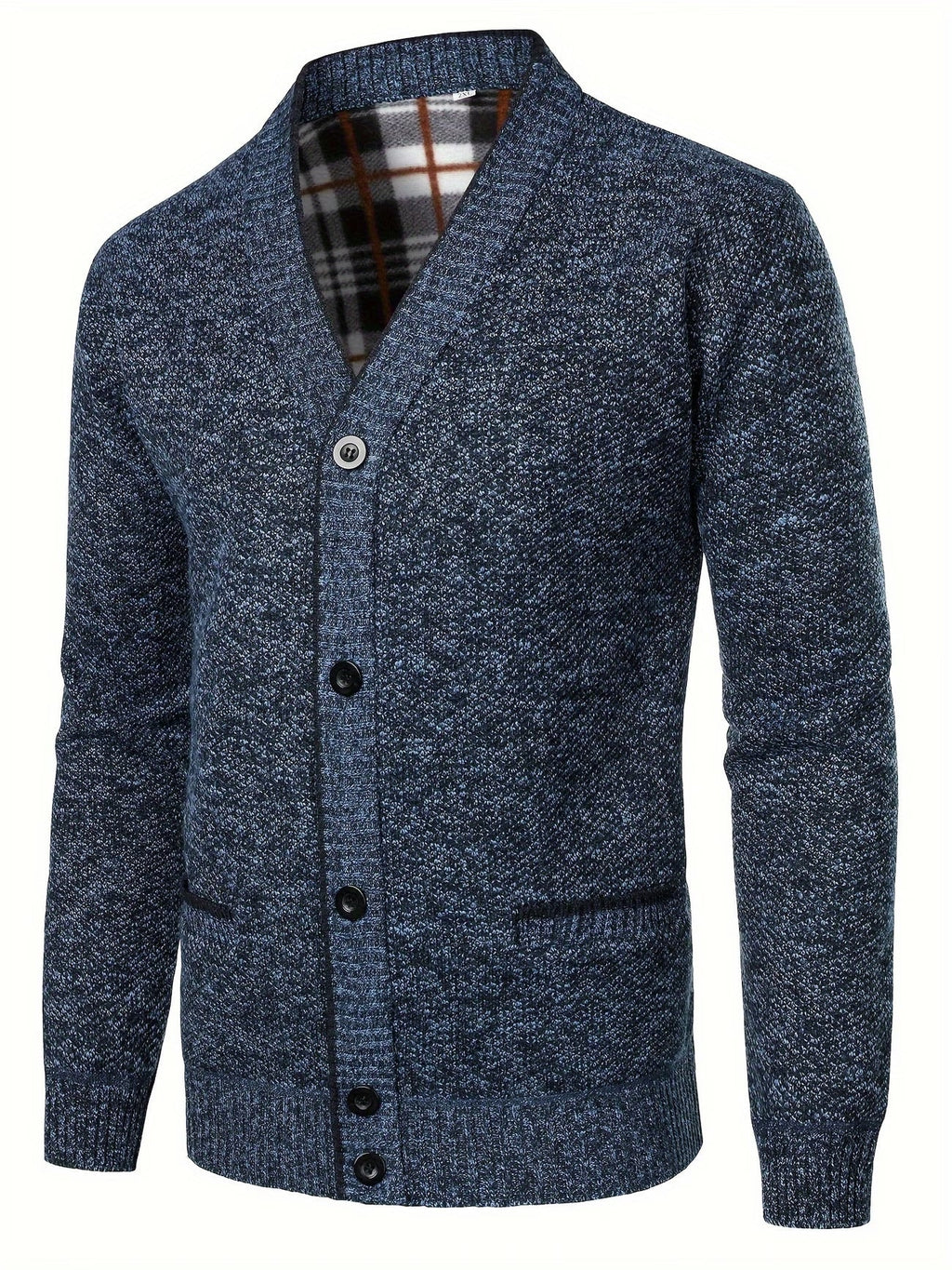 Men's Knit Button-Up Cardigan with V-Neck Collar and Plaid Fleece Lining