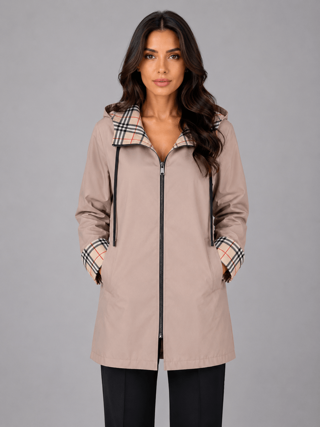 Women's Hooded Longline Rain Jacket with Check-Lined Zip Front