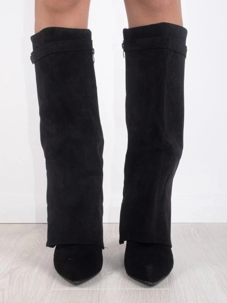 Knee-High Fold-Over Brown Boots with Buckle Strap for Fall and Winter