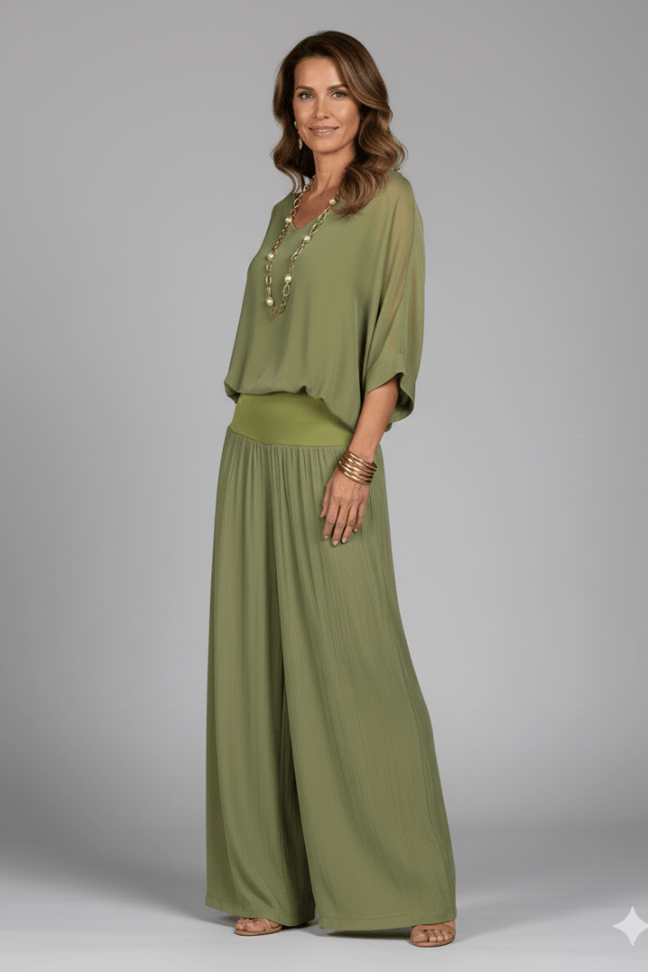 Natalie Women's Chiffon Wide-Leg Two-Piece Co-Ord Set with Draped Top
