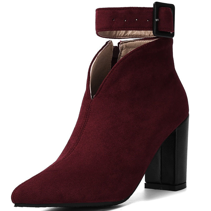 Women's Suede Ankle Boots with V-Cut Front and Buckle Strap Block Heel