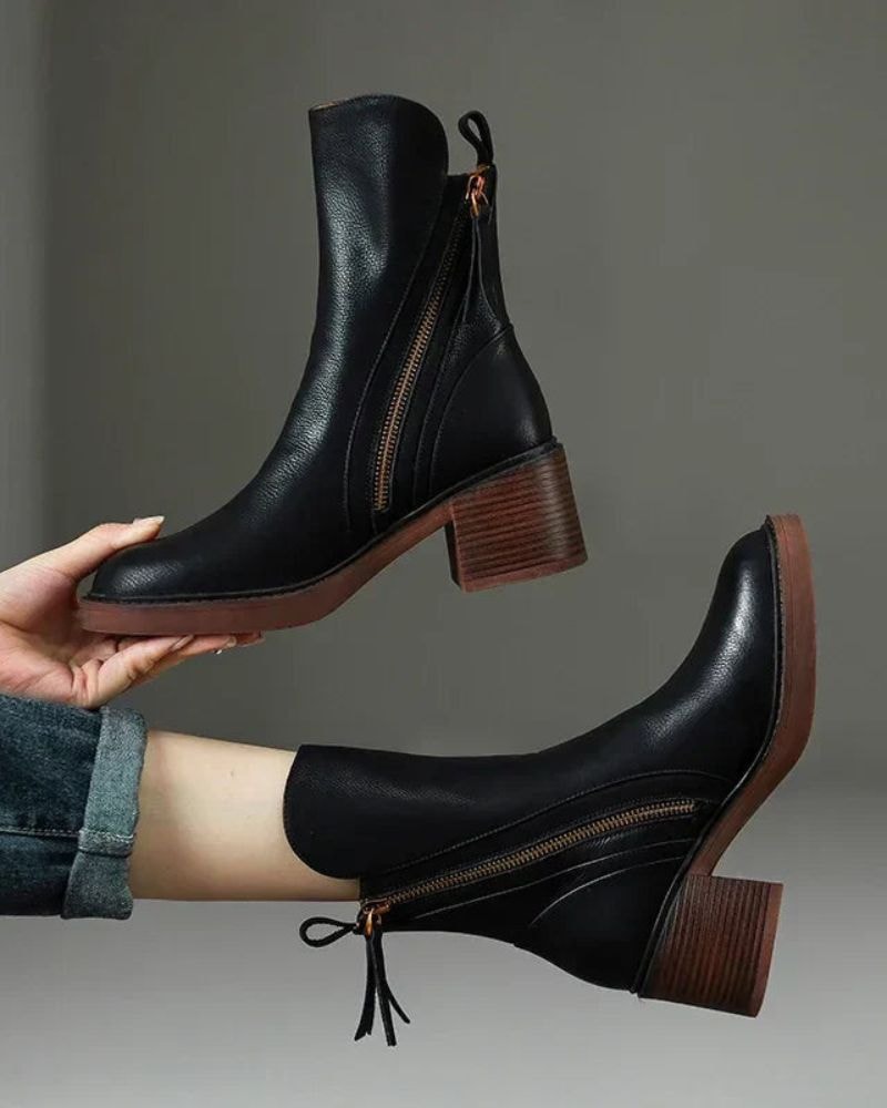 Women's Round-Toe Vegan Leather Ankle Boots with Block Heel and Side Zip