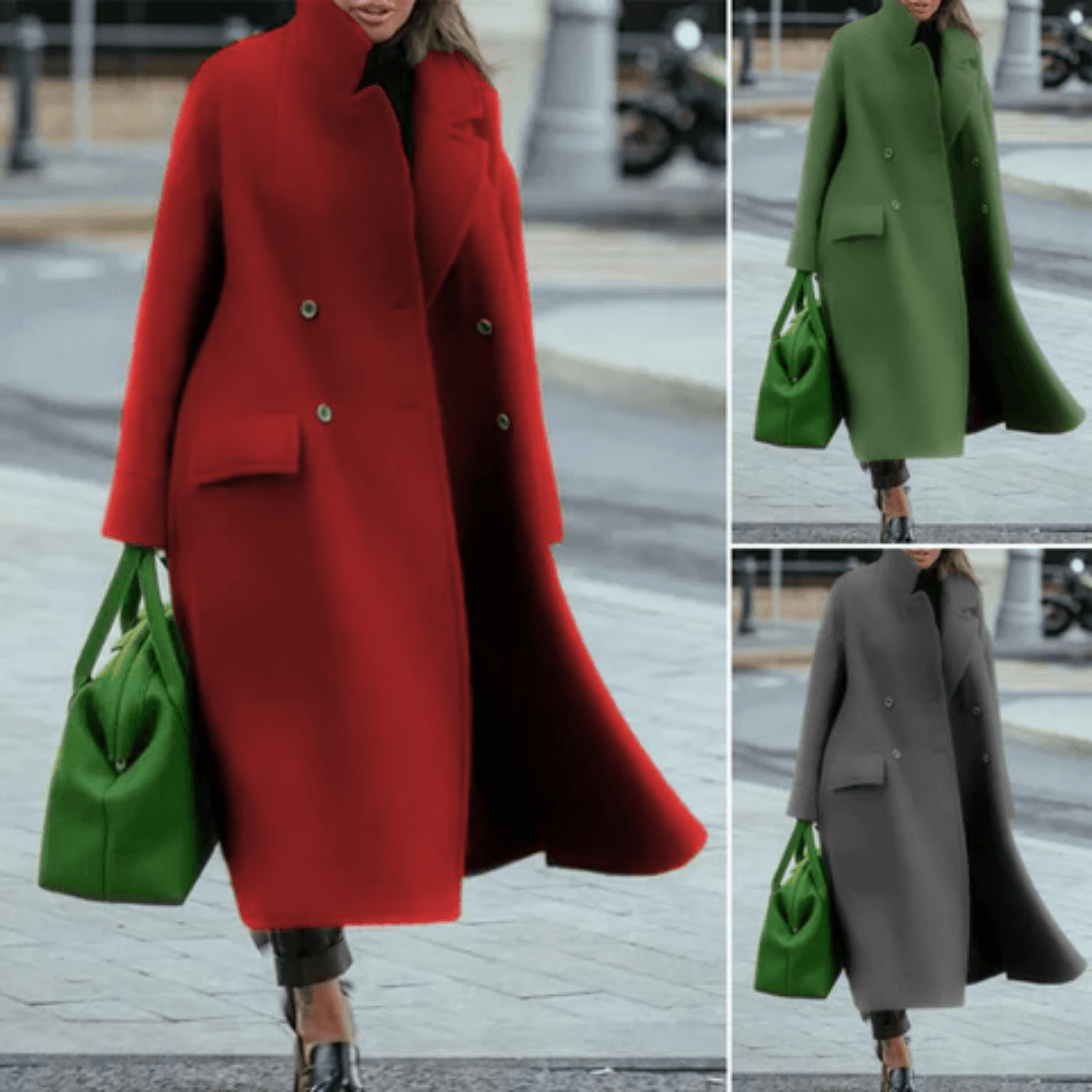Women's Wool-Blend Double-Breasted Winter Coat with Stand Collar and Maxi Length