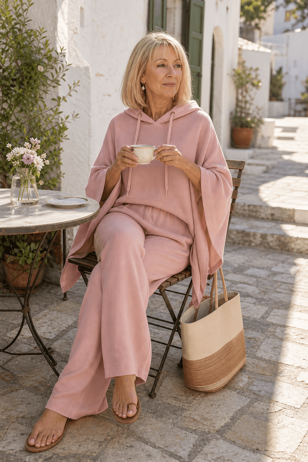 Women's Hooded Cape Top and Wide-Leg Trouser Two Piece Set