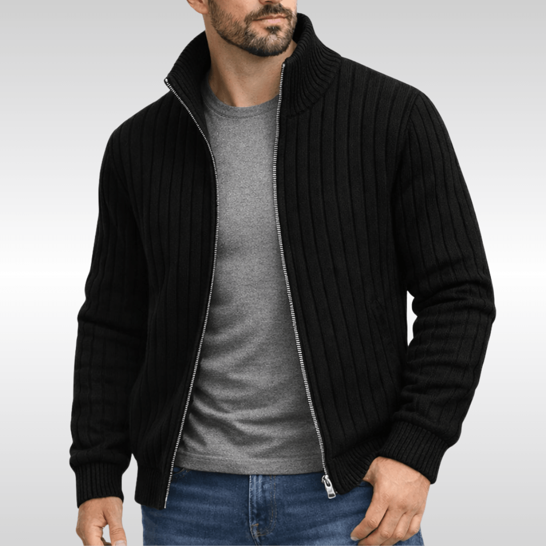 Men's Ribbed Knit Full-Zip Cardigan Sweater with Stand Collar