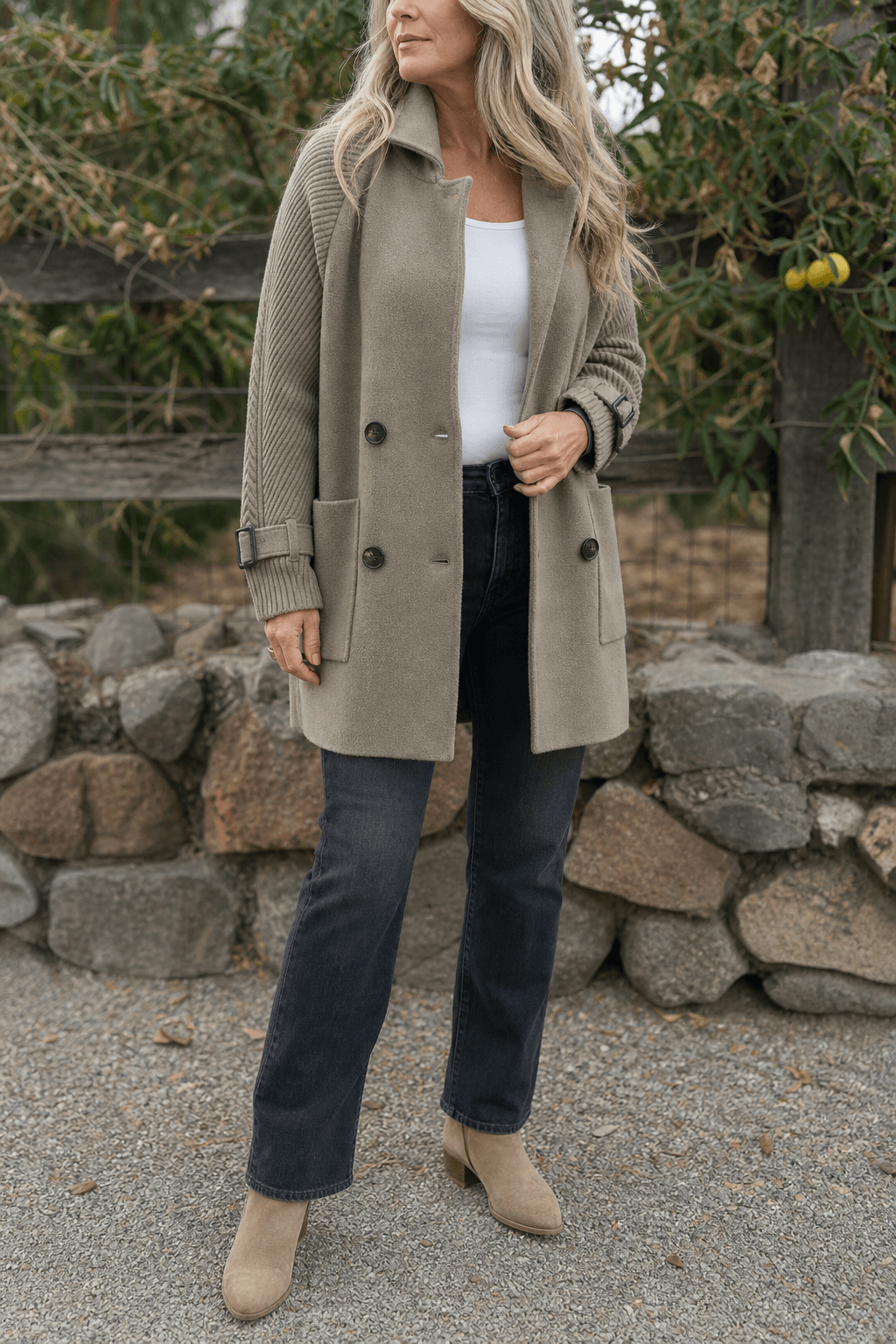 Isola Cable-Knit Sleeve Double-Breasted Longline Winter Coat for Women