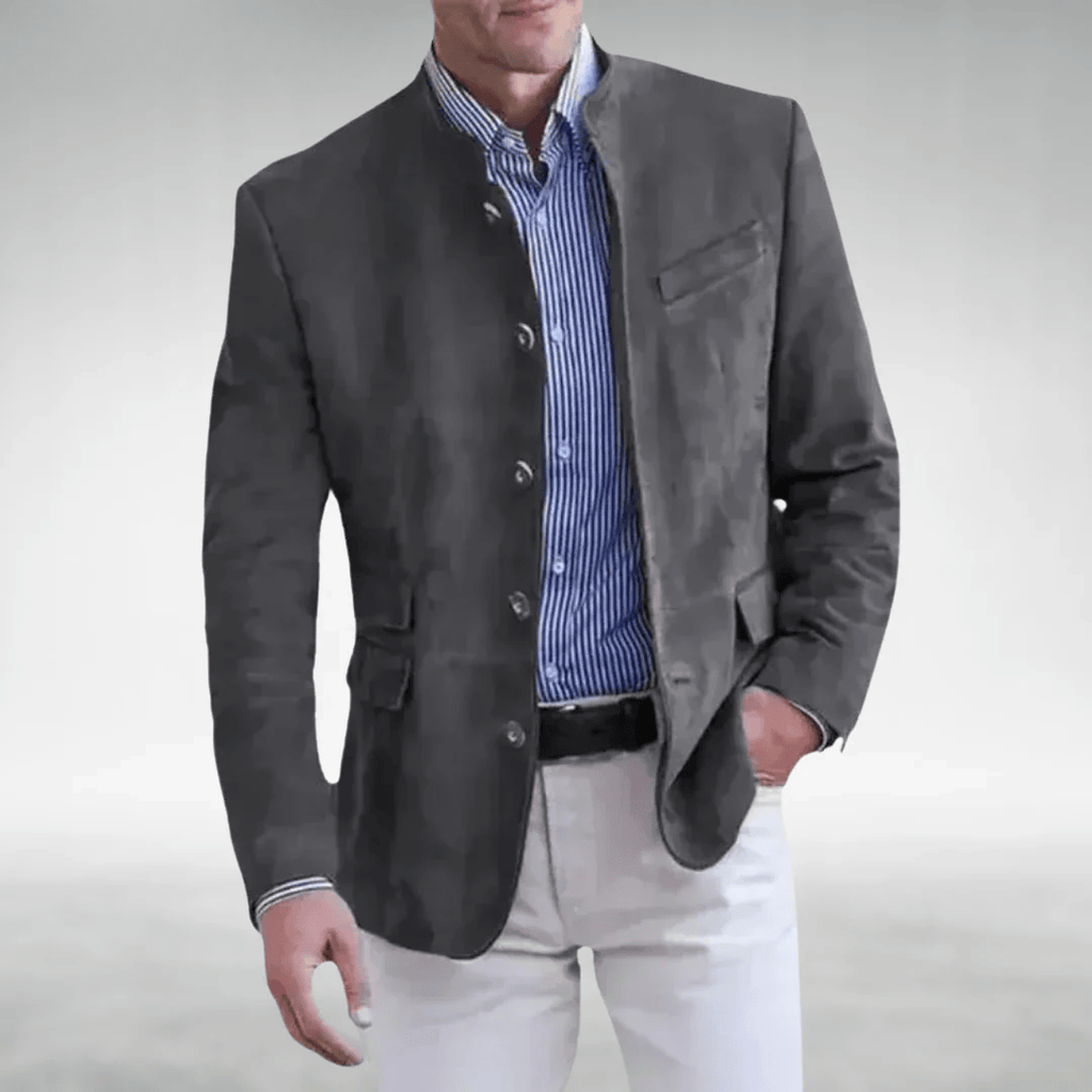 Men's Unstructured Faux Suede Blazer Jacket with Stand Collar and Flap Pockets