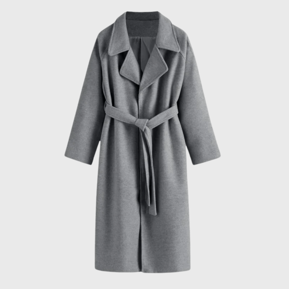 Notched Lapel Wrap Winter Coat with Belted Tie Waist in Wool Blend
