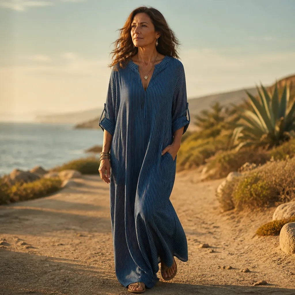 Striped V-Neck Maxi Dress with Long Sleeves and Pockets for Women
