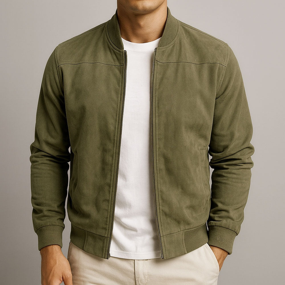 Men's Faux Suede Bomber Jacket with Textured Finish