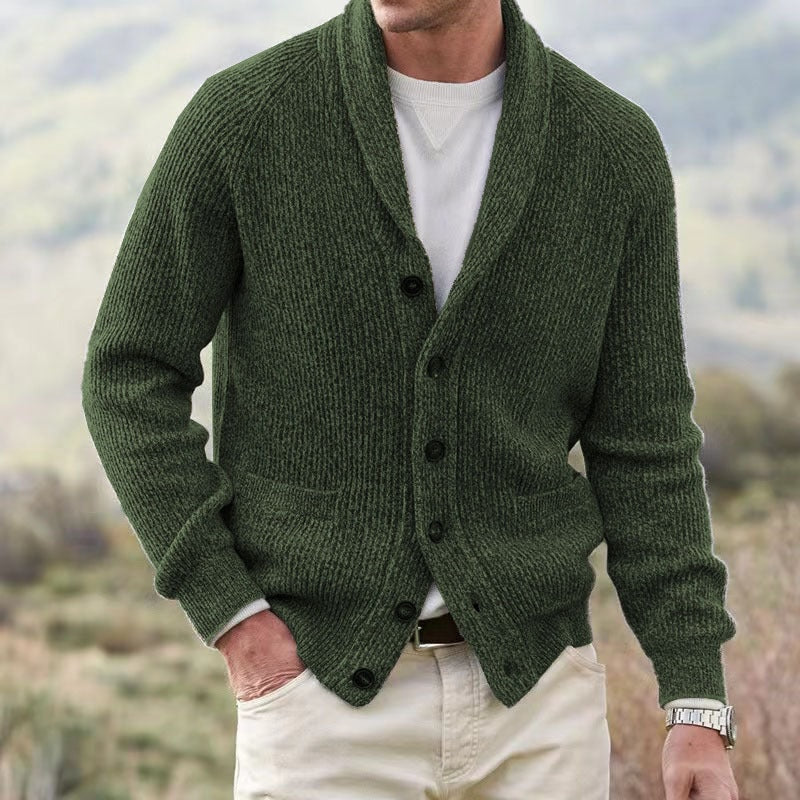 Men's Loose-Fit Ribbed Knit Shawl Collar Cardigan with Button Front and Pockets