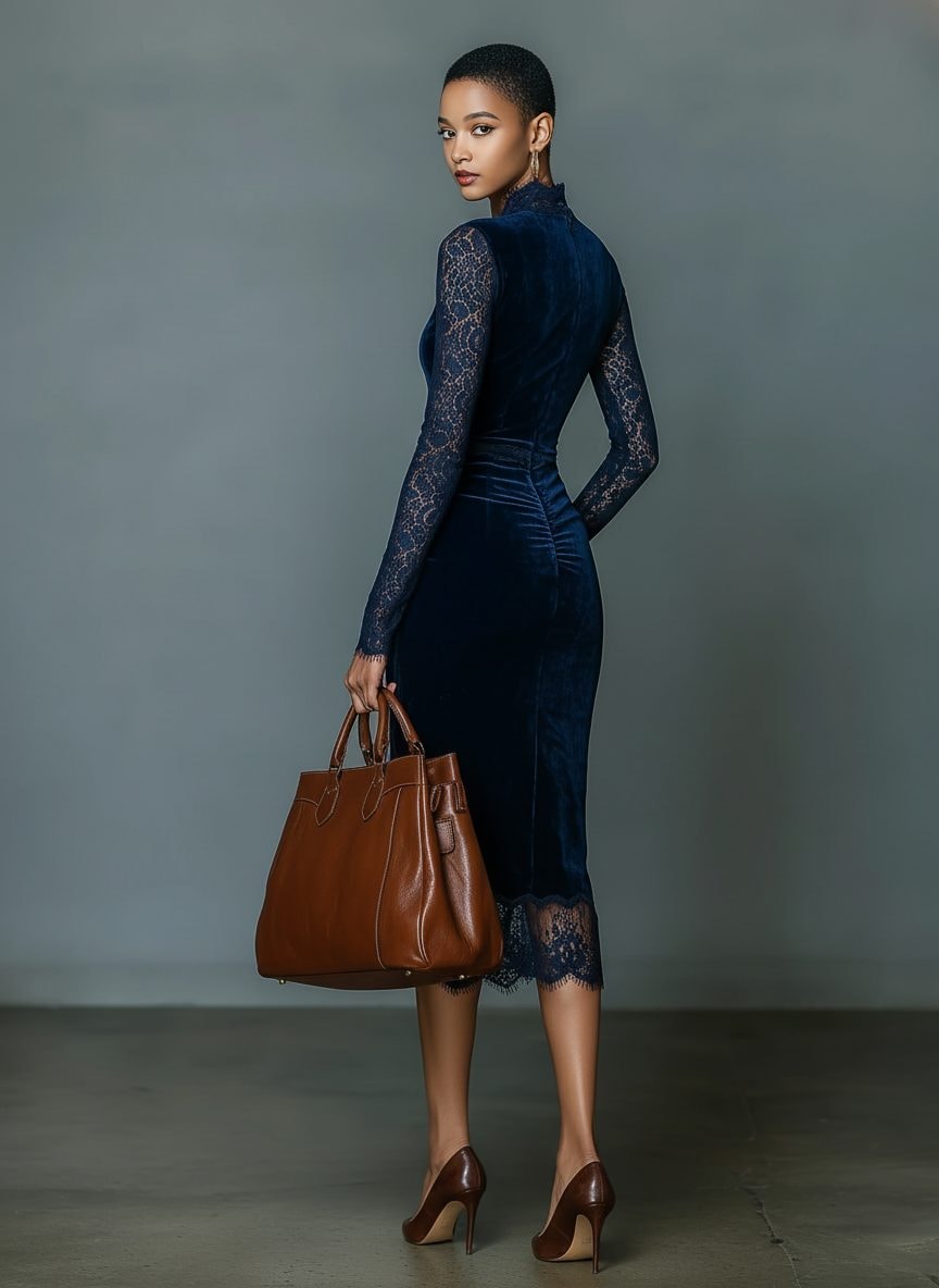 Women's Velvet Midi Cocktail Dress with Long Sleeves and Lace Trim at Neckline