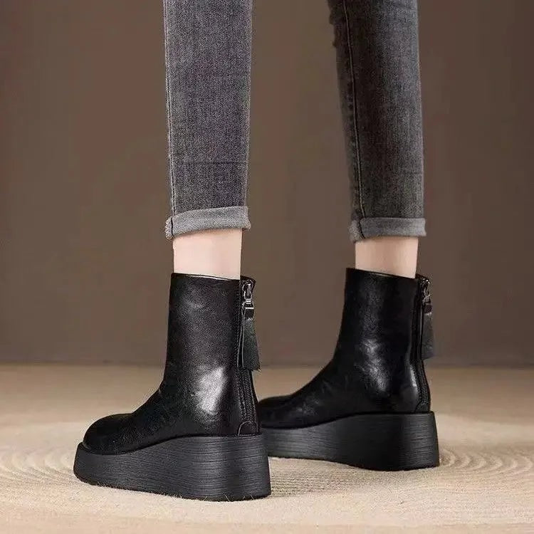Women's Heeled Leather Platform Ankle Boots with Retro Round Toe and Back Zip