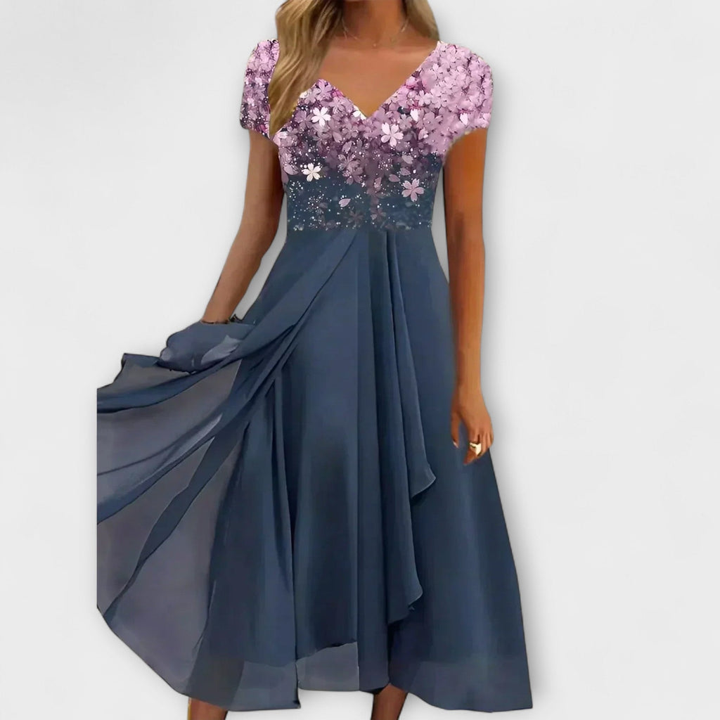 Women's Ombre Print V-Neck Chiffon Midi Dress with Short Sleeves and Layered Skirt