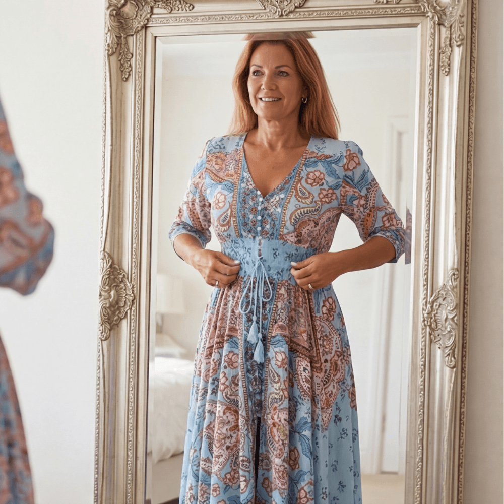 Floressa Paisley Floral V-Neck Maxi Dress with Drawstring Waist