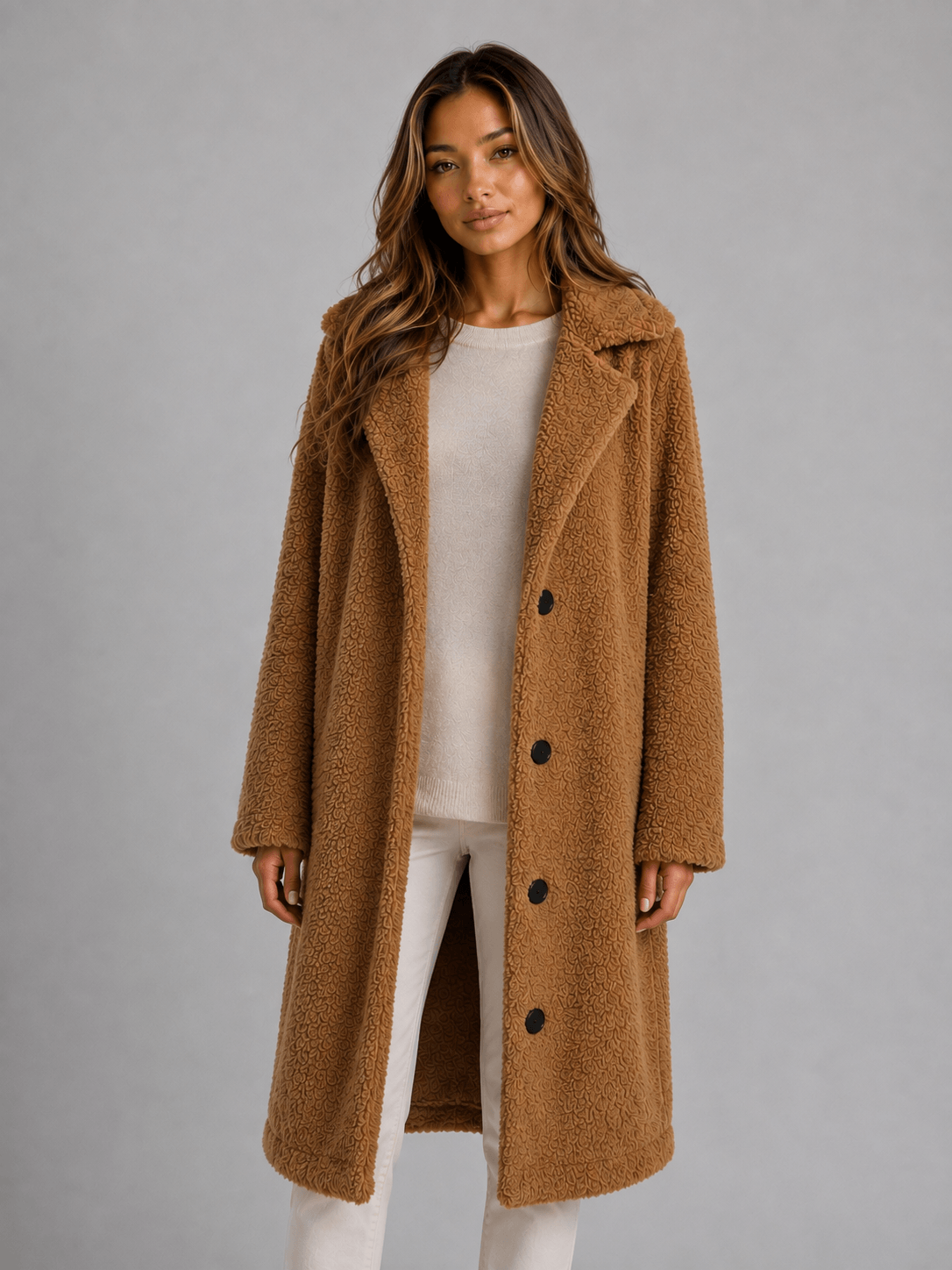 Women's Longline Teddy Borg Fleece Button-Front Winter Coat