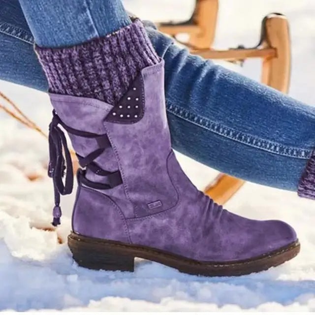 Qing Lace-Up Suede Mid-Calf Women's Boots with Knit Cuff